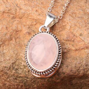 Vintage Inspired Rock Crystal Pendant Necklace Natural Rose Quartz